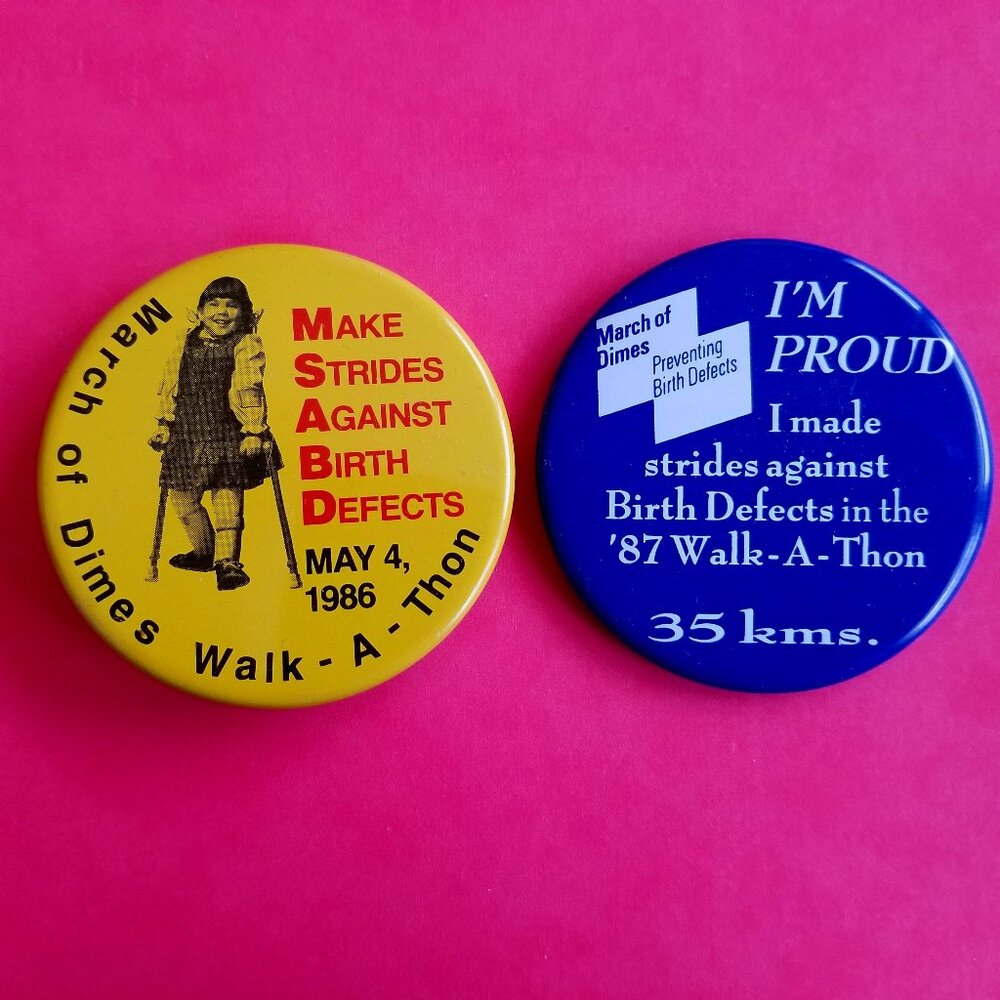2 Vintage MARCH OF DIMES Walk-A-Thon Pin Buttons
